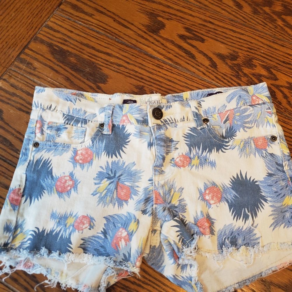 Vigold White Denim Shorts with Blue and Pink Floral Pattern
